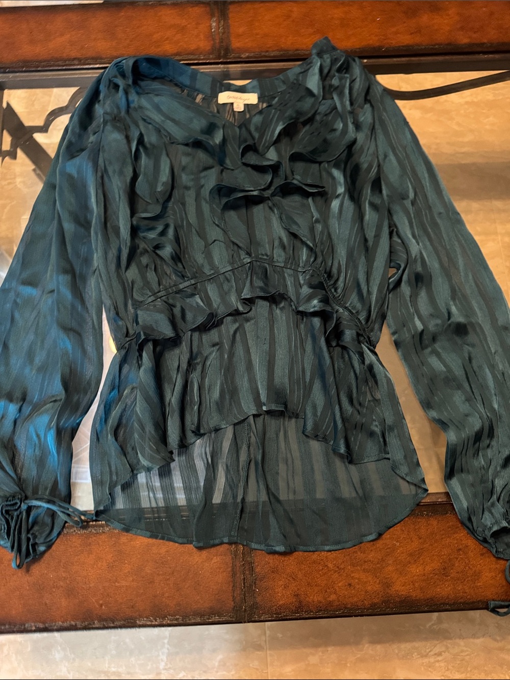 Sheer Teal Ruffle Tiered Blouse - Feminine Long Sleeve Top